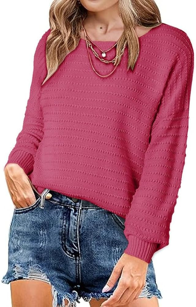 Dokotoo Womens Ribbed Knit Textured Drop Shoulder Long Sleeve Crew Neck Pullover Sweaters | Amazon (US)
