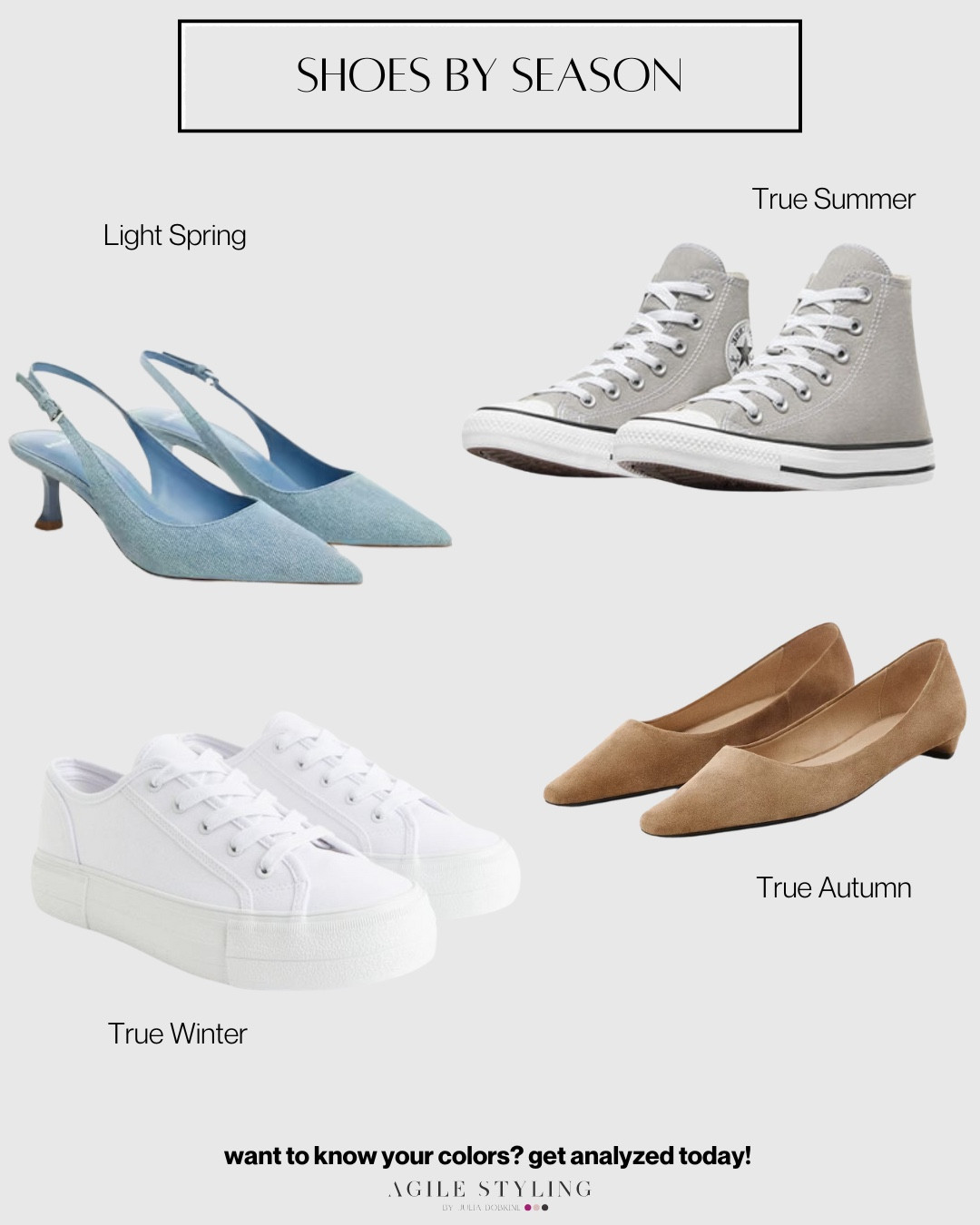 The right pair of shoes can make or break a outfit, so tap into your natural colors within your color palette!

Light Spring | True Summer | True Autumn | True Winter

#LTKshoecrush #LTKseasonal

#LTKstyletip