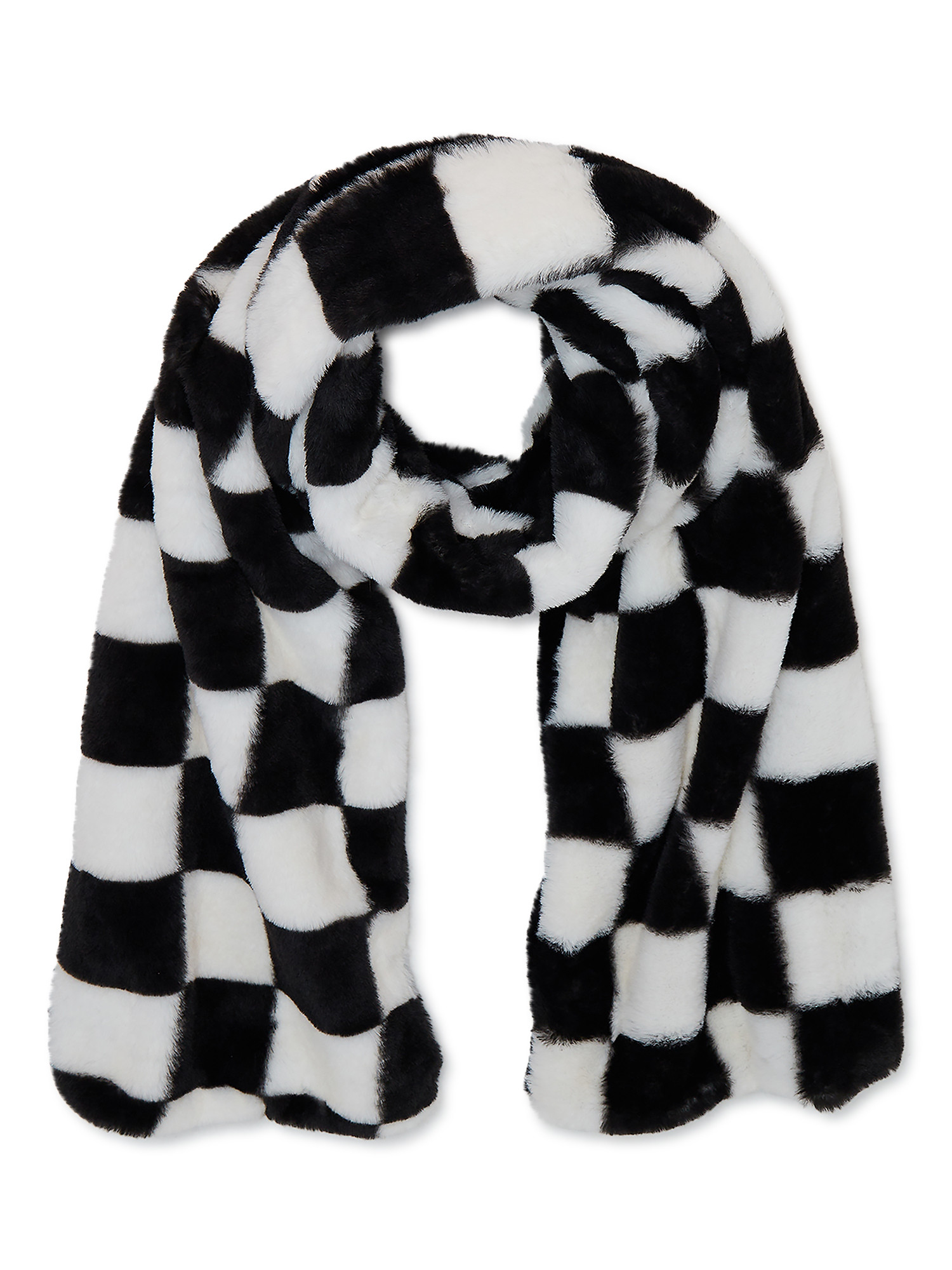 No Boundaries Women's Reversible Faux Fur Check Scarf Black Soot Al White - Walmart.com | Walmart (US)