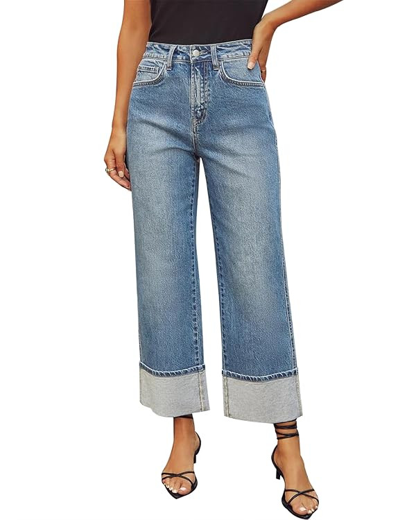 KUNMI Jeans for Women Wide Leg Baggy High Waist Boyfriends Straight Leg Stretchy Denim Pants Tren... | Amazon (US)