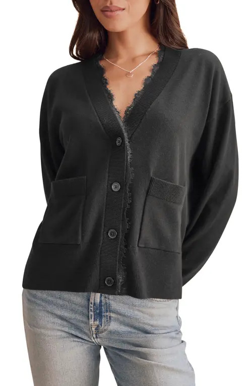 Splendid Georgie Lace Trim Cardigan in Black at Nordstrom, Size Small | Nordstrom