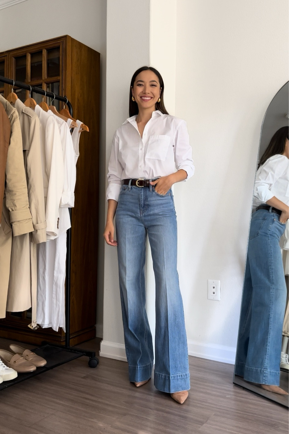 Workwear styling j.crew denim trousers different ways

Button up white shirt 
Leather belt 
Hoop earrings 

Linked other jean recommendations and comfy Nsale work heels! 

Classic workwear / capsule workwear styling jeans / business casual

#LTKworkwear #LTKunder100 #LTKstyletip