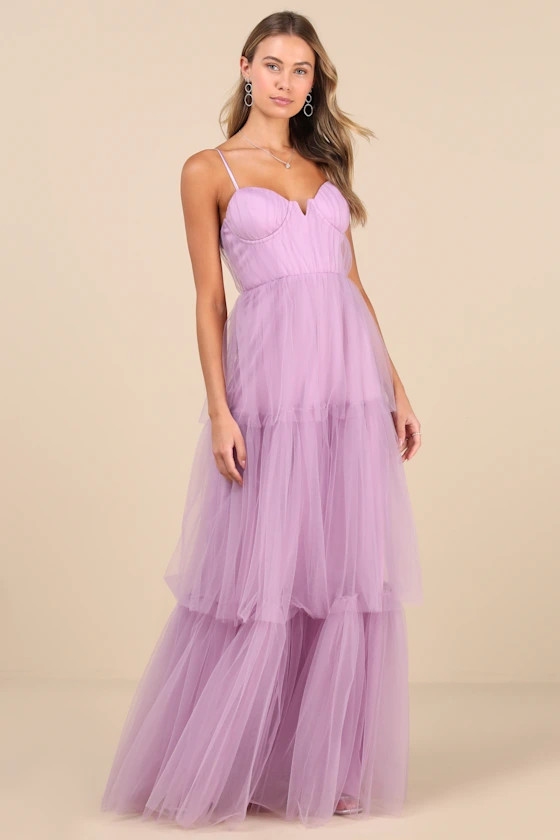 Unforgettable Poise Lilac Tulle Bustier Tiered Maxi Dress | Lulus