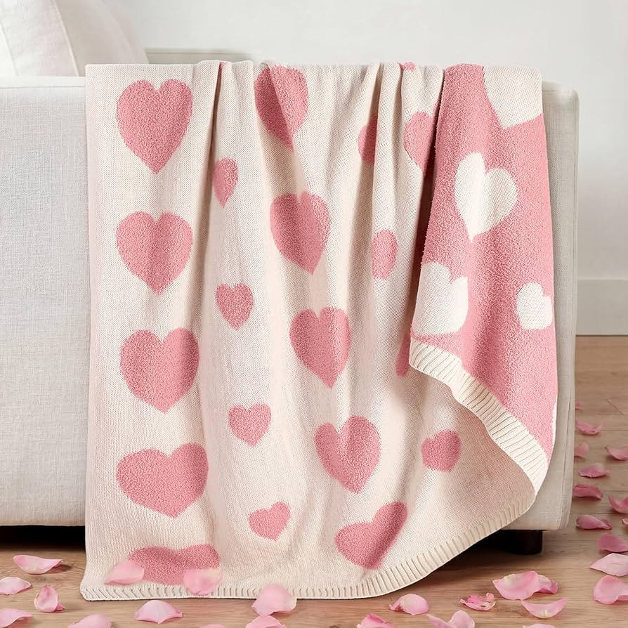 Breling Valentine's Day Throw Blanket Valentine's Day Gift Love Heart Pink and White Reversible K... | Amazon (US)
