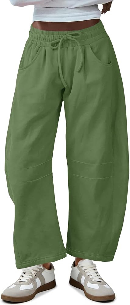 Fisoew Womens Barrel Leg Sweatpant Drawstring Elastic Waisted Wide Leg Pants Casual Active Pants ... | Amazon (US)