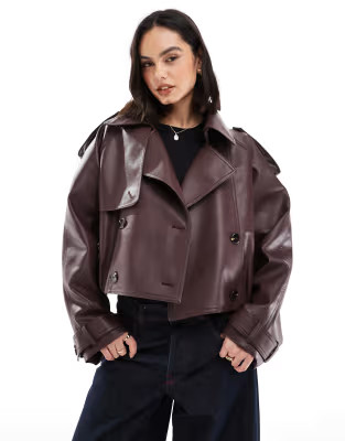 ASOS DESIGN leather look bomber trench coat in chocolate | ASOS | ASOS (Global)