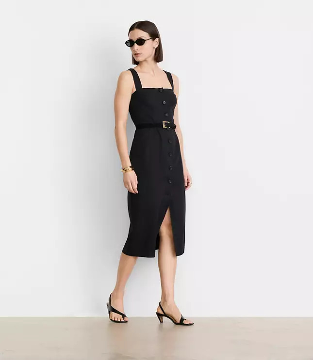 LOFT Versa Pure Spun Strappy Button Midi Dress | LOFT