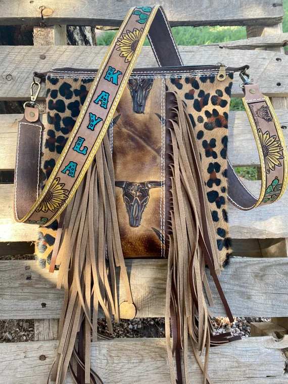 Western Leopard Cheetah Longhorn Fringe Crossbody Handbag | Etsy | Etsy (US)