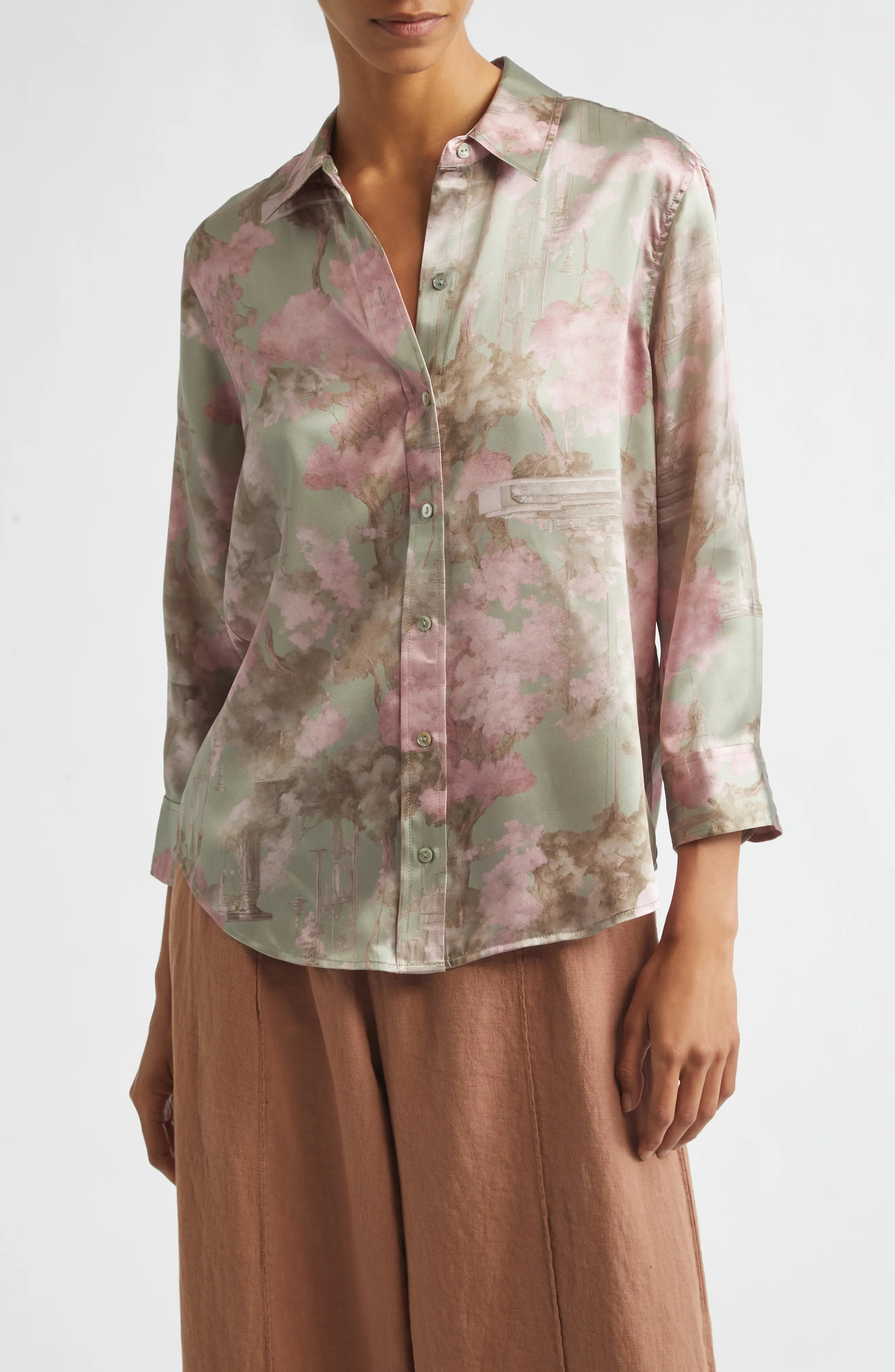 L'AGENCE Dani Floral Three-Quarter Sleeve Silk Button-Up Shirt (Women) | Nordstrom | Nordstrom