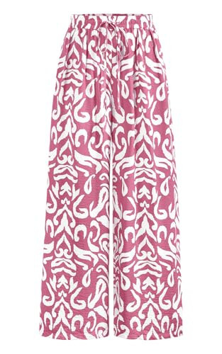 PRETTYGARDEN Womens Pants Elastic Waist Floral Lightweight Palazzo Pants for Women Casual Lounge Wide Leg Pants Woman (Pink, Large) | Amazon (US)