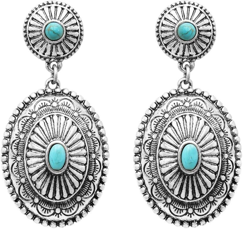 Women's Southwestern Concho Style Turquoise Drop Statement Post Earrings, 2" | Amazon (US)