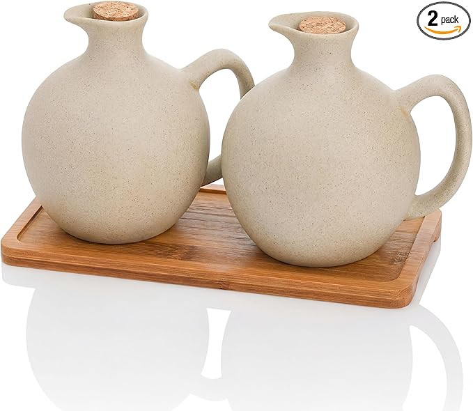 Elsjoy Set of 2 Ceramic Oil Vinegar Dispenser with Cork and Tray, 15 Oz Tabletop Oil Bottles Soy ... | Amazon (US)