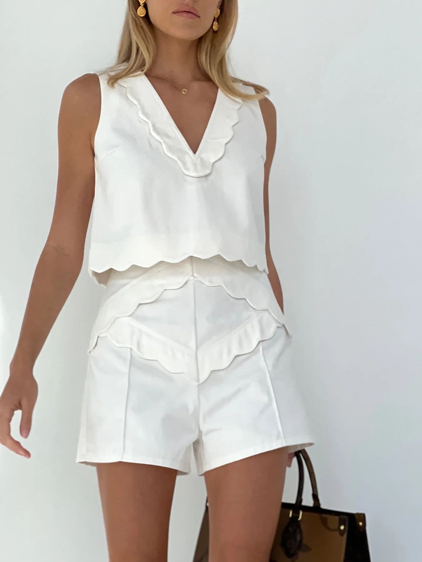 Santorini Scalloped Edge Denim Top | White | Vita Grace