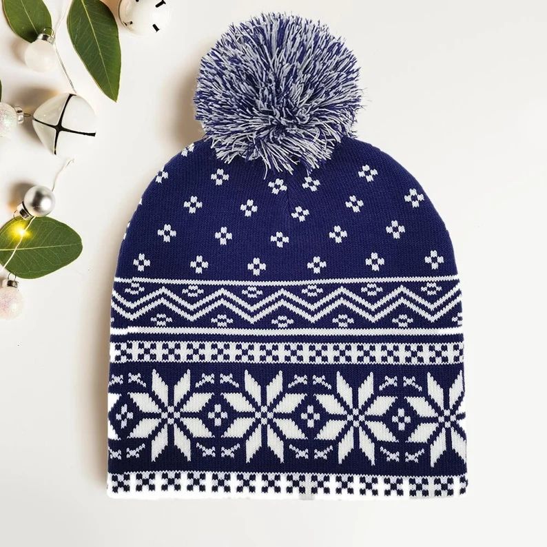 Christmas Snowflake Pom Knit Beanie Hat the Beautiful Soft - Etsy | Etsy (US)