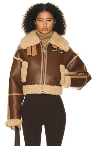 Helsa Cropped Faux Shearling Jacket in Coffee Brown - Brown. Size L (also in ). | FWRD 
