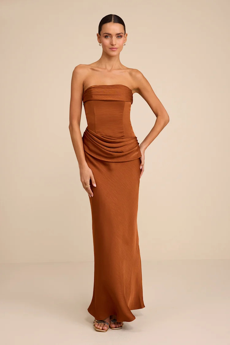 Verbena Bronze Satin Draped Strapless Maxi Dress | Lulus