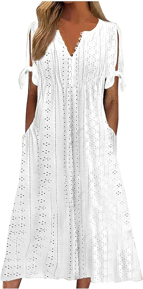 Maxi Long Dresses for Women 2025 Trendy Short Sleeve Eyelet Tshirt Dress Casual Summer Beach Vaca... | Amazon (US)