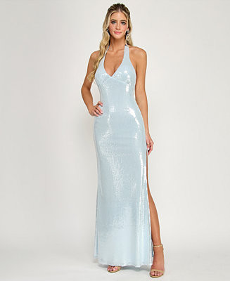 Juniors' Long Sequined Halter Gown | Macy's