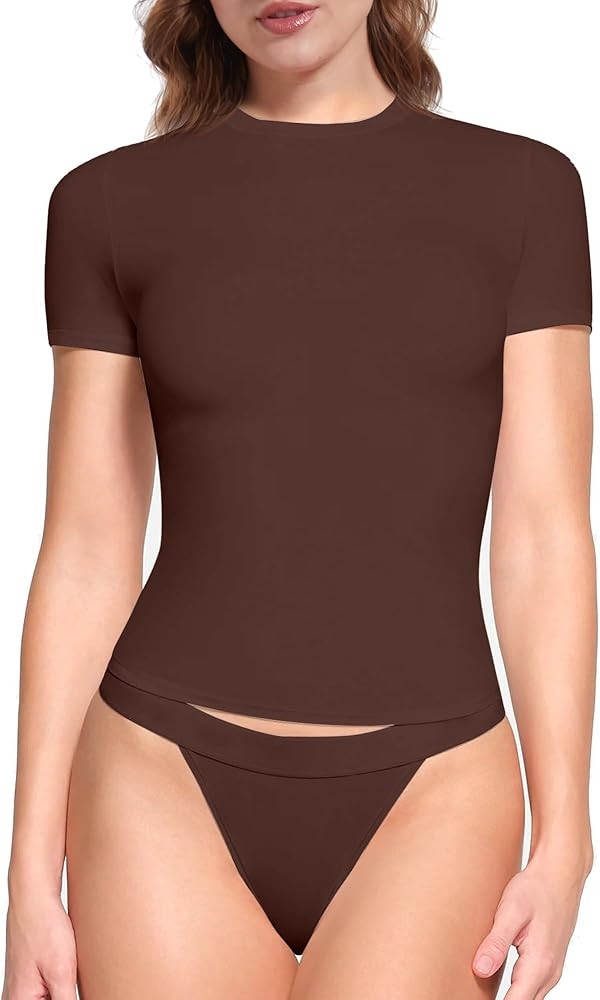 SHAPERX Women's Basic T-Shirts Crew Neck Short Sleeve Double Lined Summer Tops Slim Fit Tees | Amazon (US)