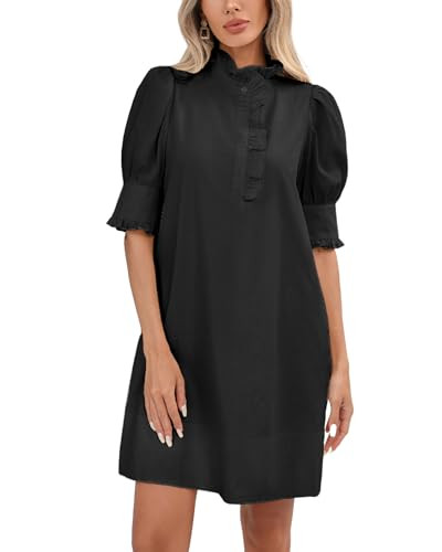 YEXPINE Women's Puff Short Sleeve Stand Ruffle Collar Summer Dress Casual A Line Shift Mini Dress with Pockets Black | Amazon (US)