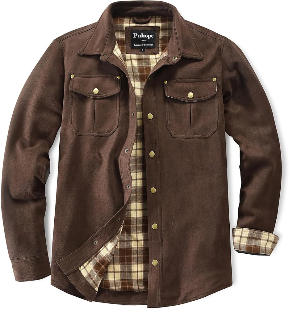 Men's Brushed Suede Flannel Lined Shirt Jacket Cotton Button Down Coat for Men | Amazon (US)