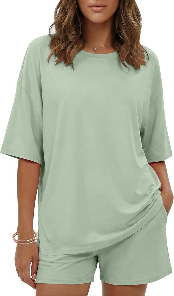Ekouaer Women's Two Piece Lounge Set Oversized Boxy T-shirt Casual Short Sets Summer Travel Match... | Amazon (US)