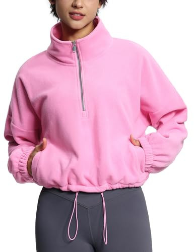 THE GYM PEOPLE Women’s Half Zip Crop Pullover Sweatshirt Fleece Stand Collar Workout Tops with Pockets Drawstring Hem Pink | Amazon (US)