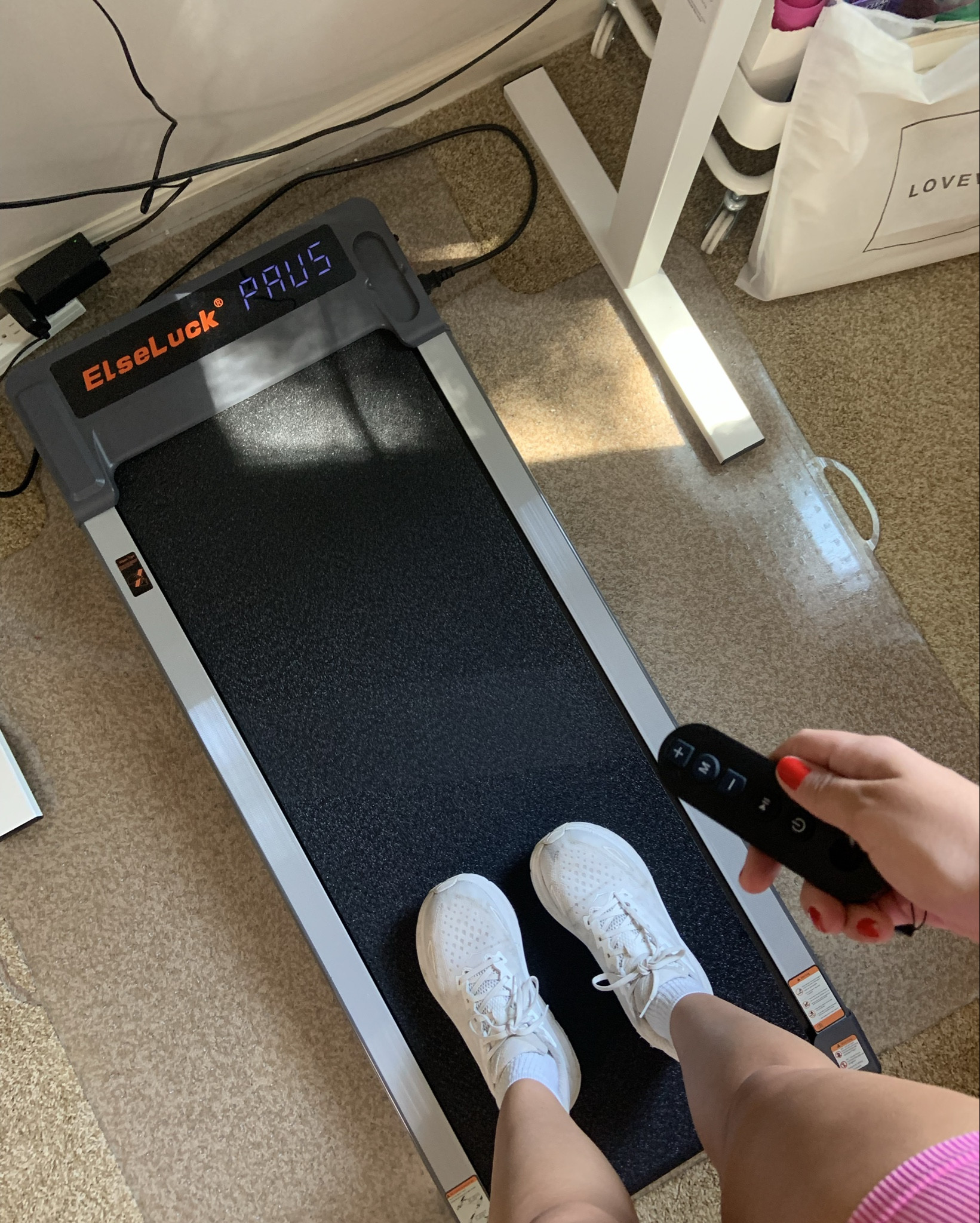 Work from home walking pad and standing desk set-up! Also linked my favorite Hoka’s to wear while walking!