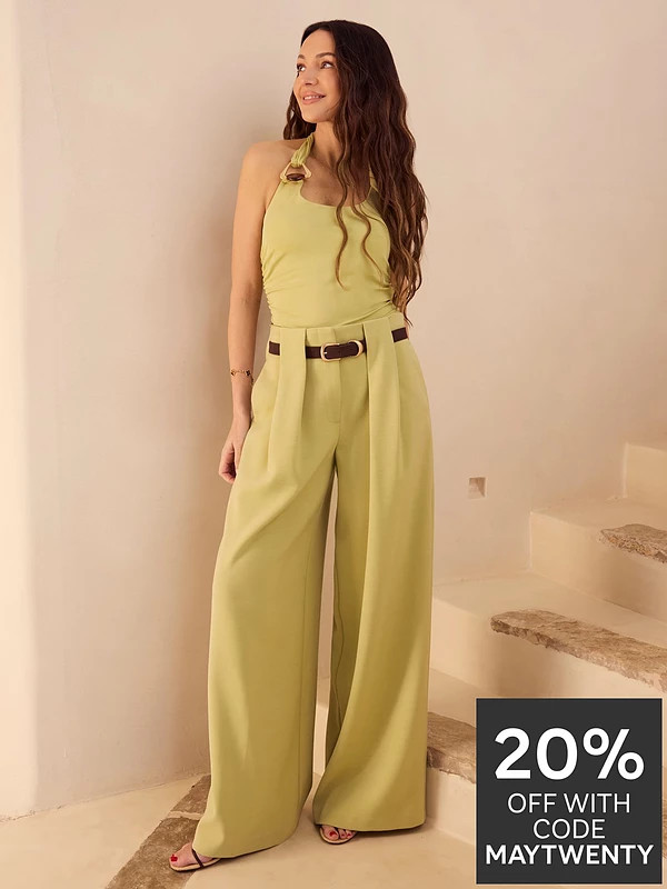 Michelle Keegan Belted Wide Leg Trouser - Light Khaki | Very (UK)