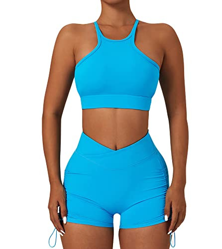 ABOCIW Workout Sets for Women, Sexy High Neck Twisted Multis Strap Sport Bra V Cross Waist Ruched High Waist Mini Shorts 2 Piece Gym Yoga Outfits Tracksuit Activewear 05 Blue Medium | Amazon (US)