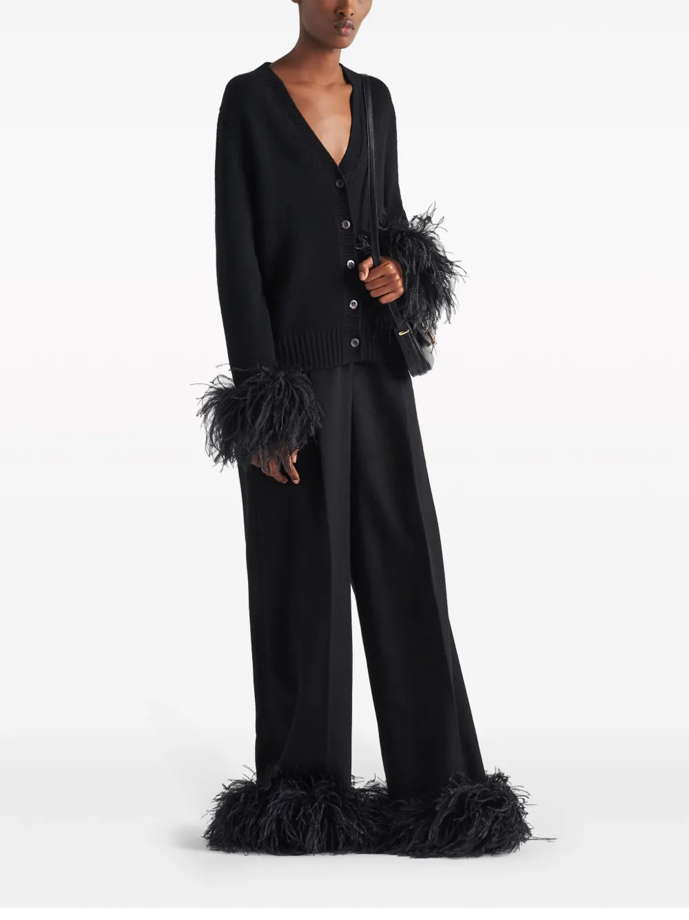Prada feather-trim Cashmere Cardigan | Black | FARFETCH | Farfetch Global