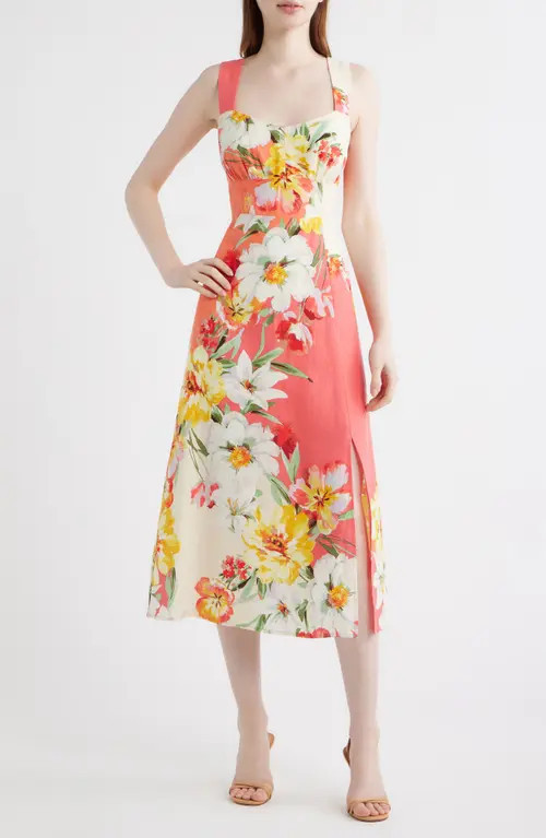 Vince Camuto Floral Print Fit & Flare Midi Dress in Coral Multi at Nordstrom, Size 8 | Nordstrom