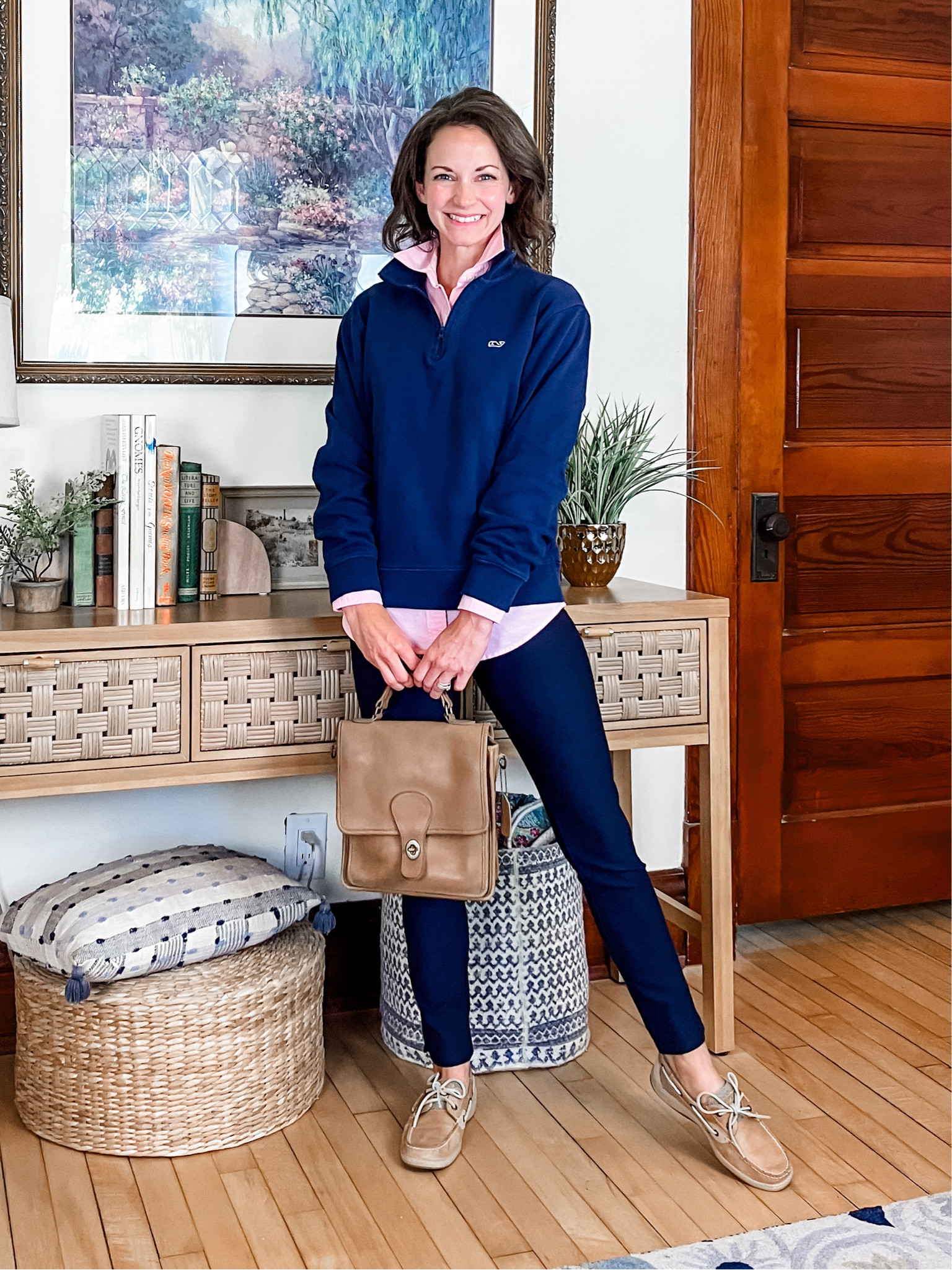 Pink and navy for Fall!
Wearing size XXSP J.Crew Factory top.
Size XXS Vineyard Vines sweater. 
Size 6 Sperry boat shoes, leather. 
Petite outfit. Preppy outfit. Fall outfit. Classic outfit  

#LTKStyleTip #LTKOver40 #LTKSeasonal