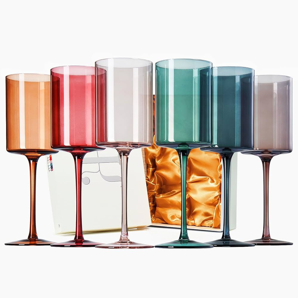 Colored Square Modern Crystal Wine Glass Set of 6, Unique Gift For Wife, Her, Mom, Friend - Large... | Amazon (US)