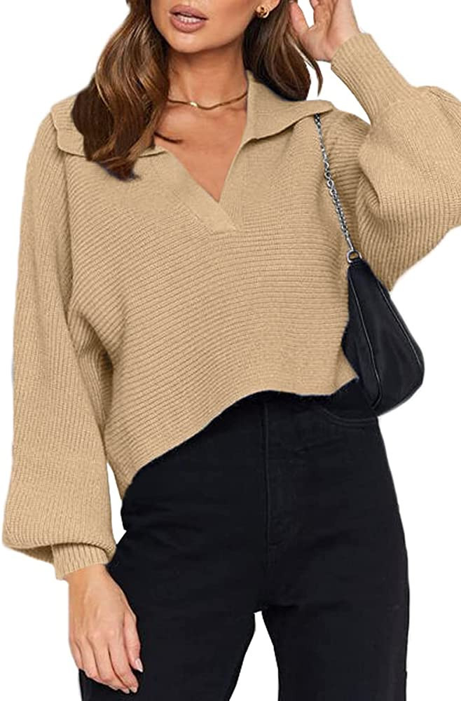 CHYRII Women Overized Puff Long Sleeve V Neck Knitted Polo Pullover Sweater Jumper Tops | Amazon (US)