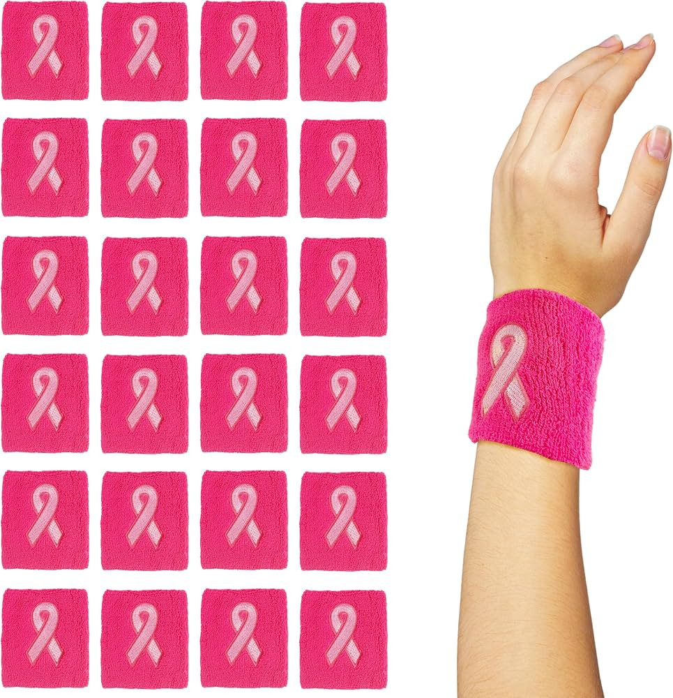 24 Pack Breast Cancer Awareness Wristbands Pink Ribbon Sports Sweatband Men Women Bulk | Amazon (US)