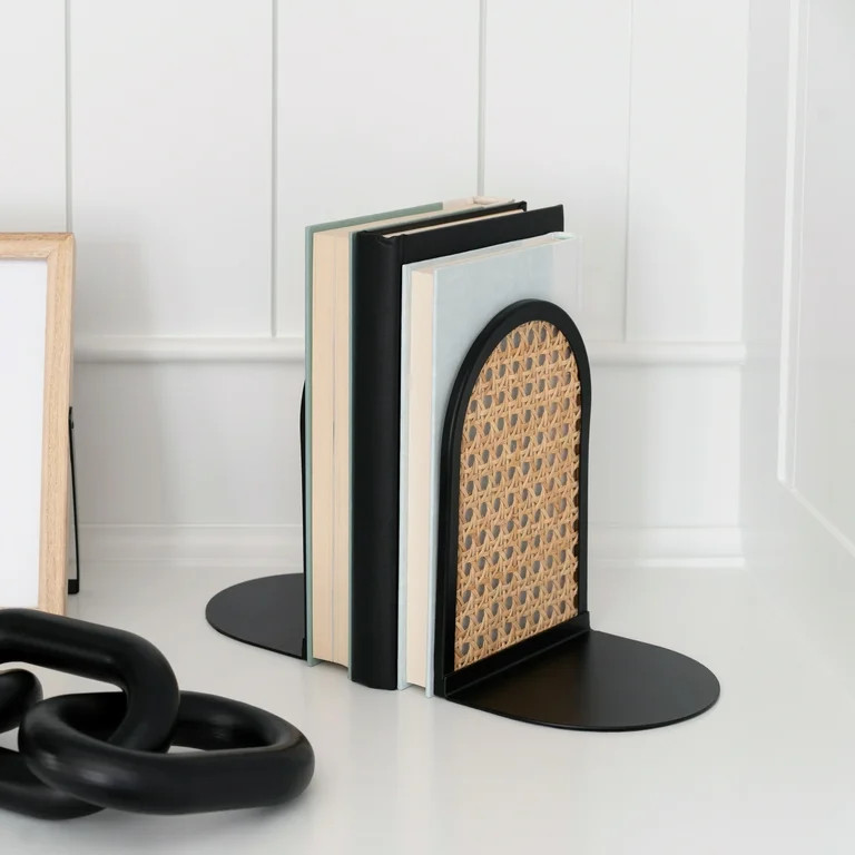 Home Decor Collection Arched Black Metal and Natural Rattan Indoor Tabletop Bookends | Walmart (US)