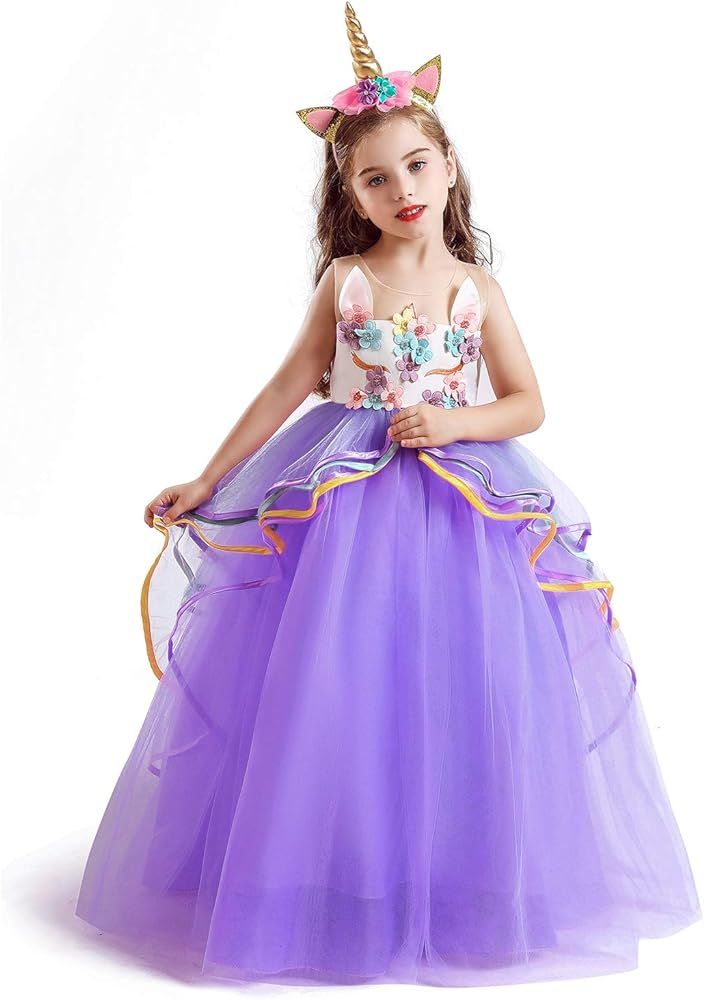 Princess Girl Dress Long Tulle Gown Flower Girls Unicorn Costume | Amazon (US)