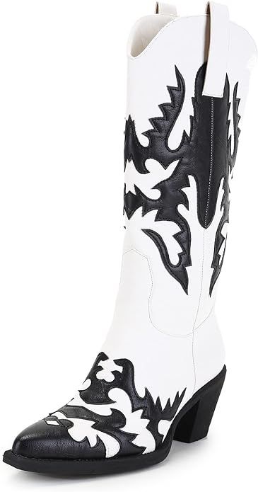 ANN CREEK Women's 'Claremont' Sexy Cowboy Boots Knee-high Black White Patchwork Dressy Cowgirl Mi... | Amazon (US)