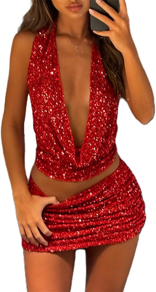 Mylleure Women Sequin 2 Piece Outfit Sparkly Sexy Bodycon Sleeveless Halter Crop Top Split Mini S... | Amazon (US)