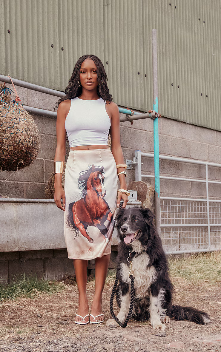 Brown Horse Printed Satin Midi Skirt | PrettyLittleThing US