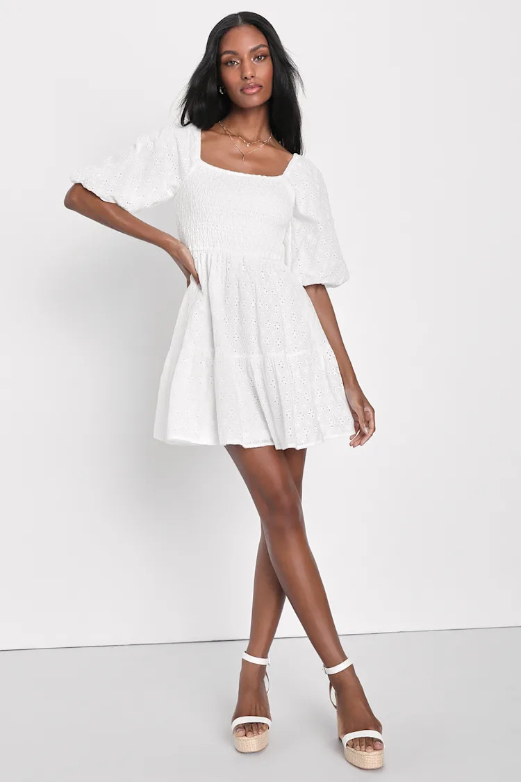 Charismatic Darling White Eyelet Smocked Mini Dress With Pockets | Lulus (US)