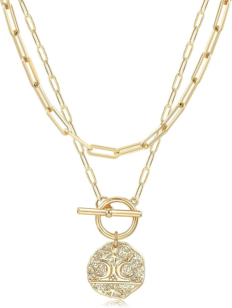Gold Layered Necklaces for Women, Moon and Star Evil Eye Medallion Coin Necklace, 18K Gold Paperc... | Amazon (US)