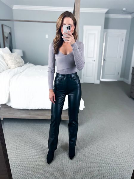 Abercrombie faux leather 90s straight (24 short). Abercrombie sweater bodysuit (XXS). Target boots (TTS). Fall outfit. Date night outfit. Fall style. Bedroom. Pottery Barn canopy bed. 

#LTKfindsunder100 #LTKSale #LTKshoecrush