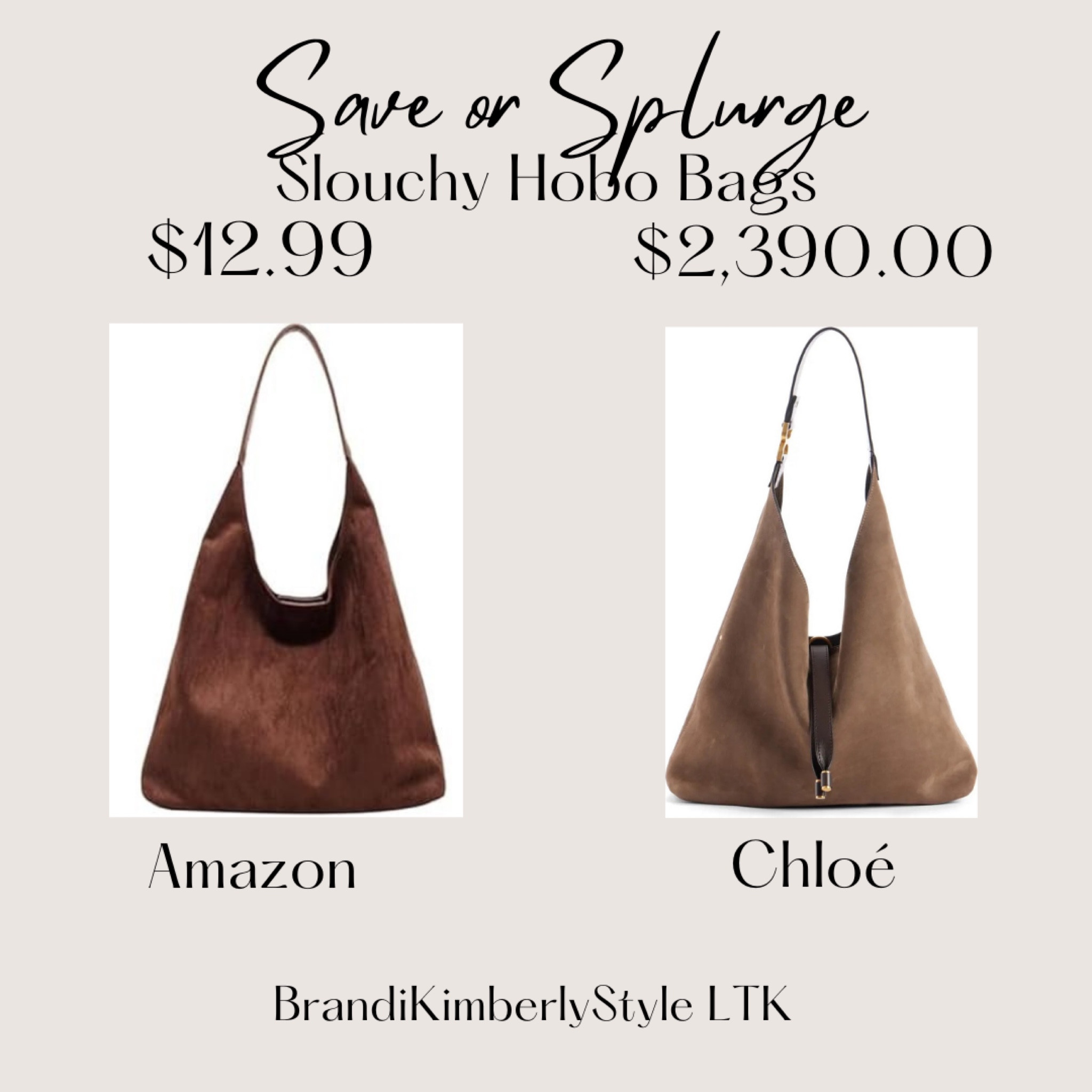 It’s Save or Splurge! Slouchy Hobo bags are such a trend right now and I have my eyes on the Chloé bag from Nordstrom. The Amazon version comes in more colors and for 1000 times less the price.  Would you splurge on the designer brand or save with Amazon on this trend?
BrandiKimberlyStyle, fall fashion, fall trends,  

#LTKItBag #LTKSeasonal #LTKStyleTip