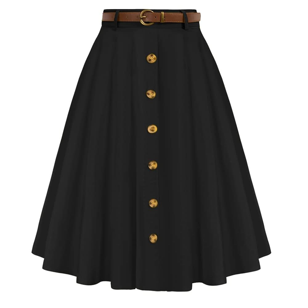 Belle Poque Women's Vintage Stretch High Waist A-Line Flared Midi Skirts with Pockets & Belts | Amazon (US)