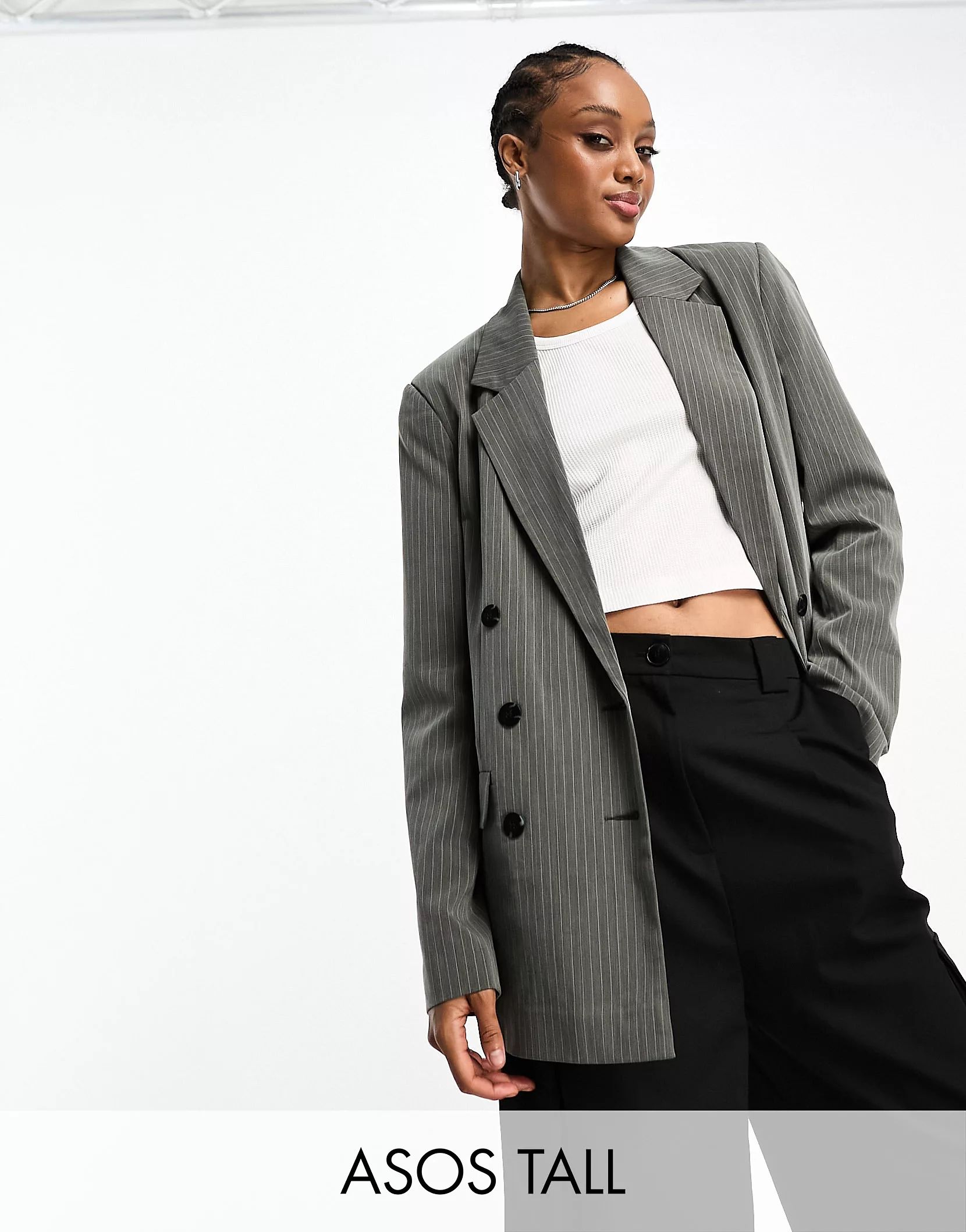 ASOS DESIGN Tall double breasted blazer in gray pinstripe | ASOS (Global)