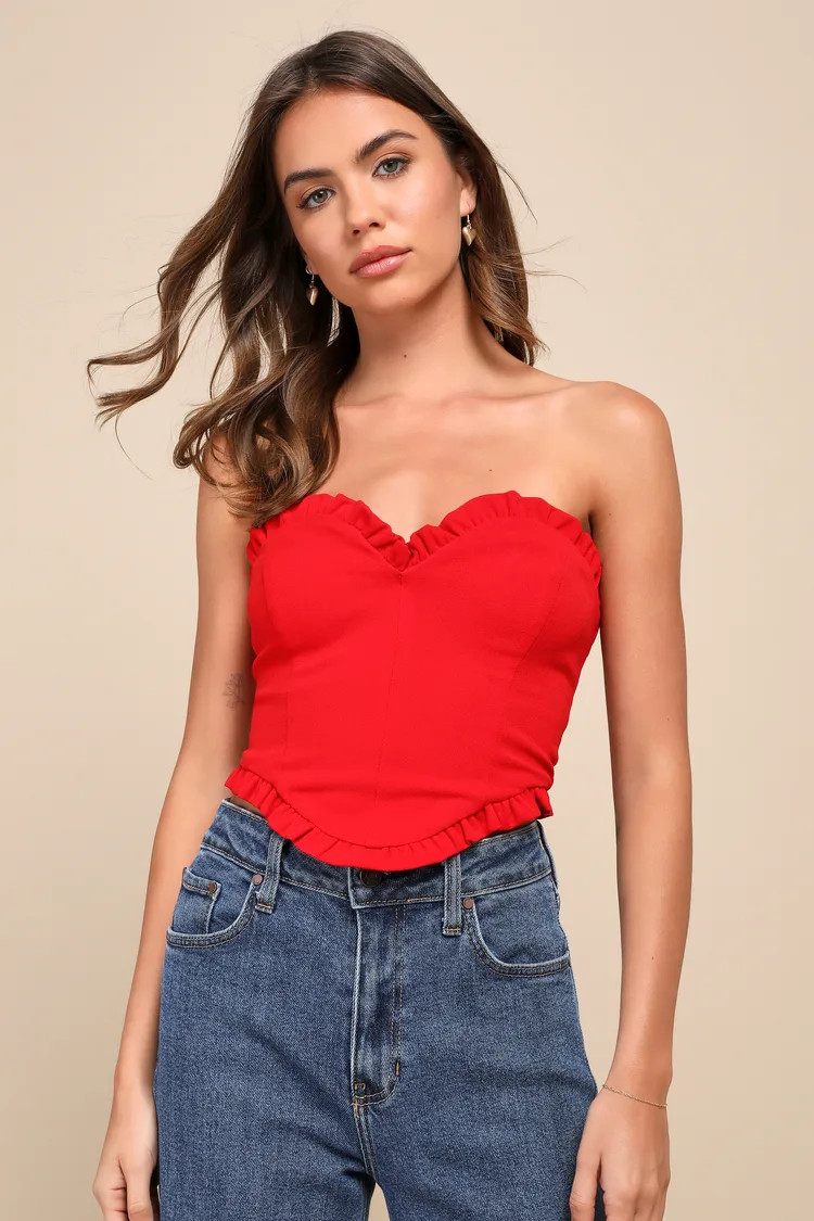 Swoon-Worthy Date Red Ruffled Strapless Lace-Up Bustier Top | Lulus