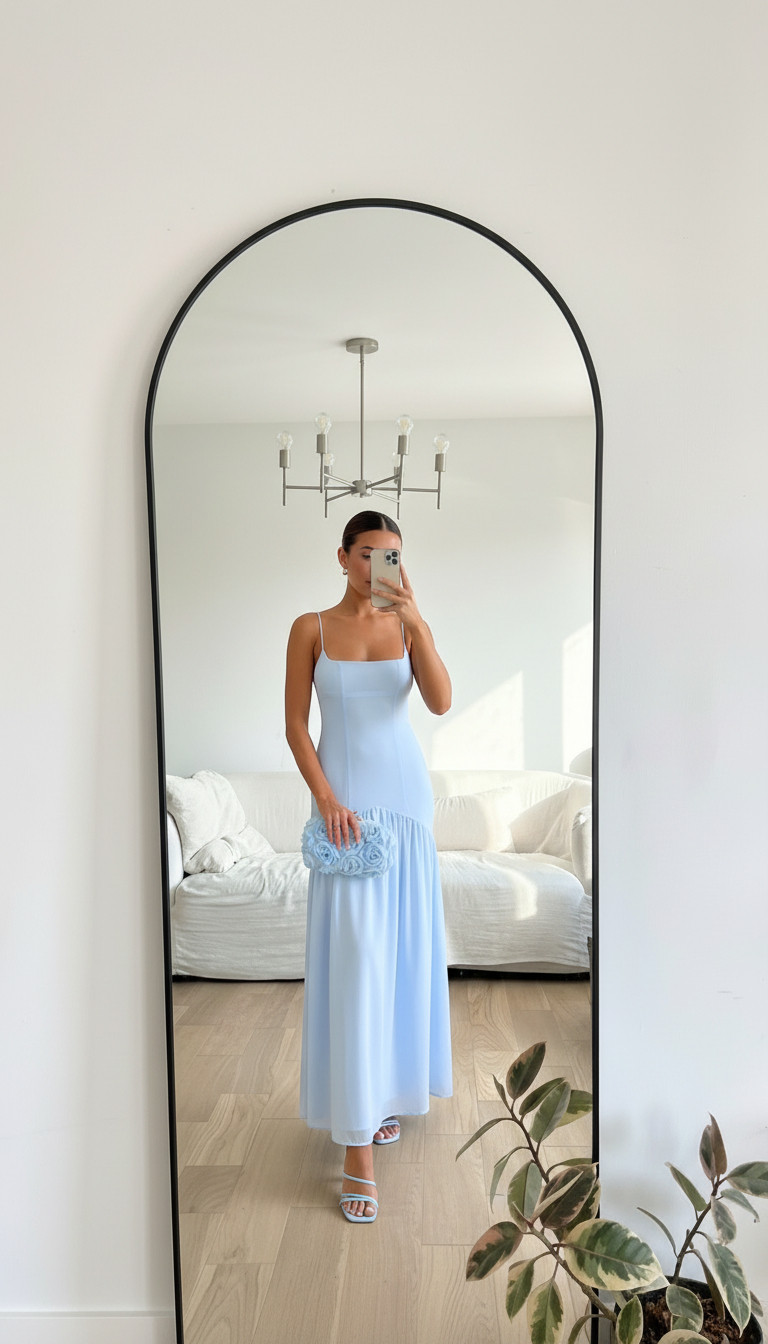 Chic light blue maxi dress outfit 💙 styled with a floral rosette clutch and matching heels for an elegant spring wedding guest dress look 🌷. Perfect for garden weddings, bridesmaid dresses, and pastel formal events. 

 #LTKootd #LTKWedding