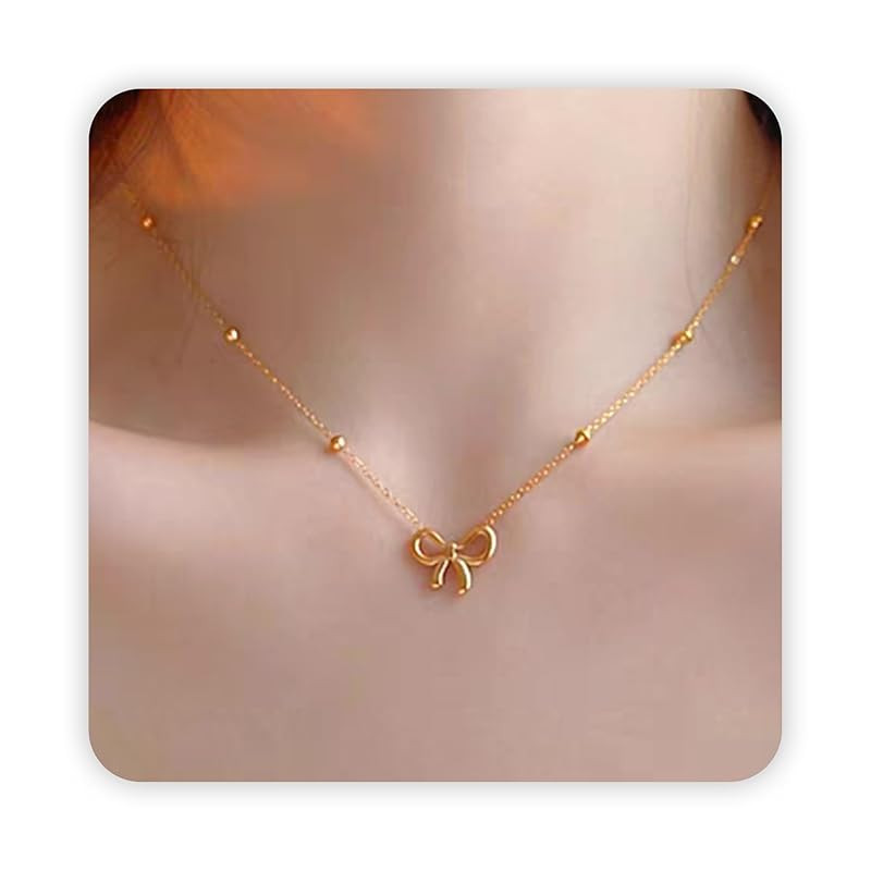 Gold Bow Necklace Dainty 14k Gold Plated Necklace, Bow Jewelry Gold Beaded Choker Necklaces for W... | Amazon (US)